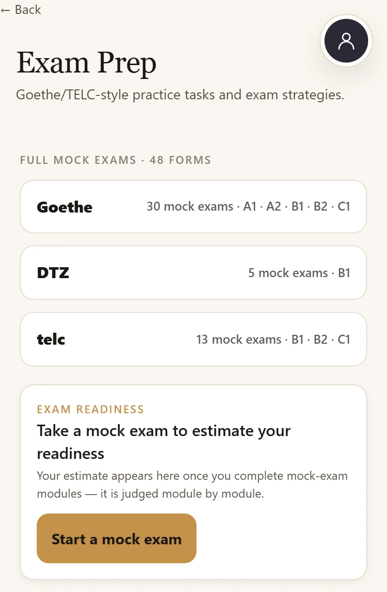 Mock-exam families and exam-readiness panel