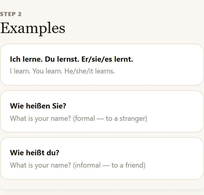 Complete personal-pronoun examples, including Sie and du