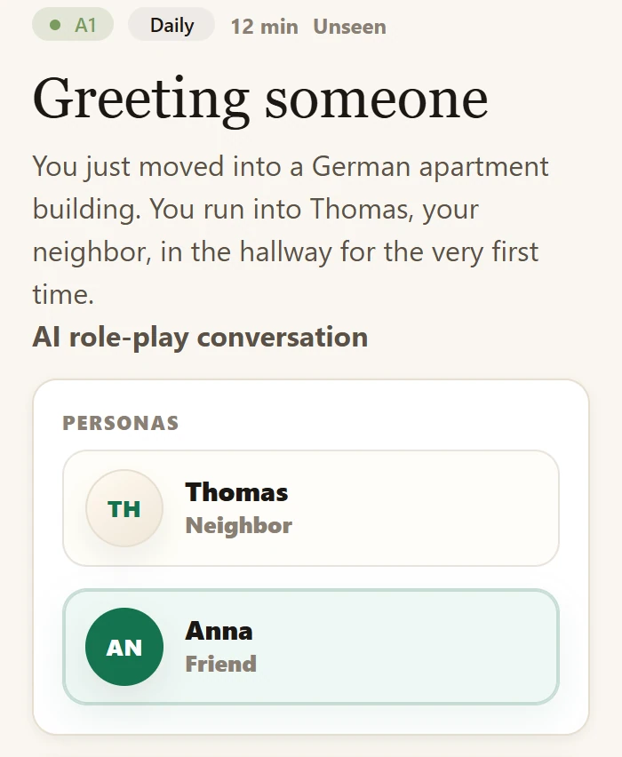Greeting context with Thomas and Anna, the two conversation characters
