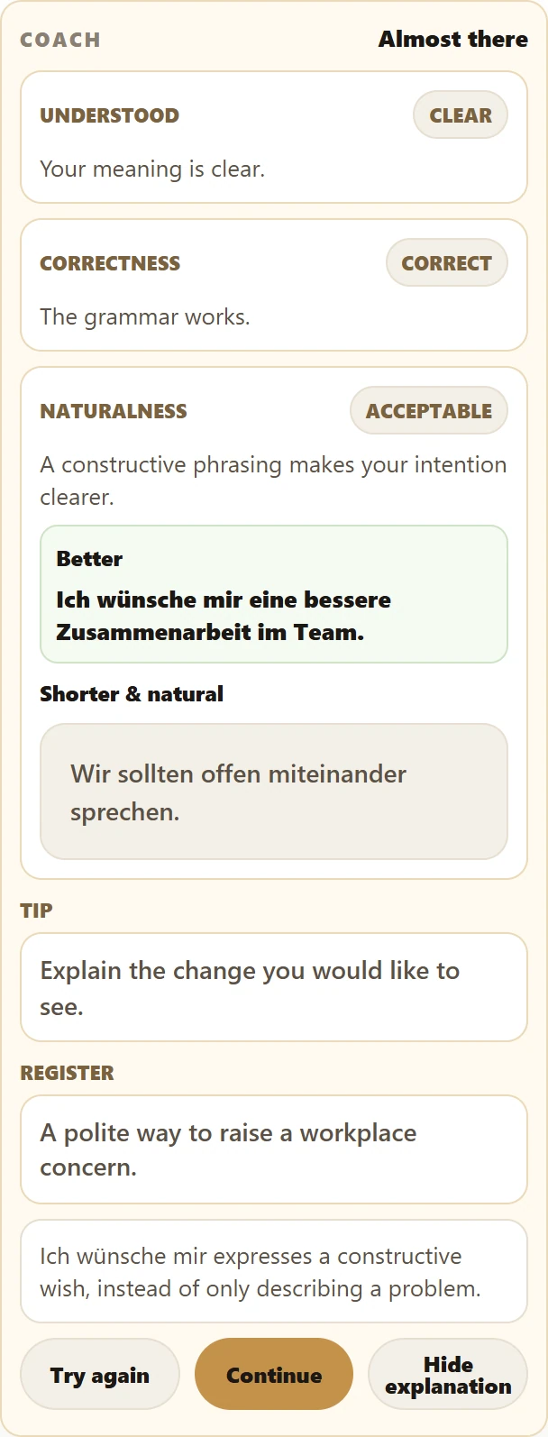 Complete prepared example of the Lingeva coach feedback card